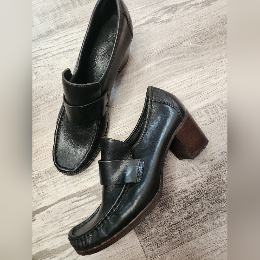 Timberland Black Leather Slip-On Loafer Style Heels With Mock Toe